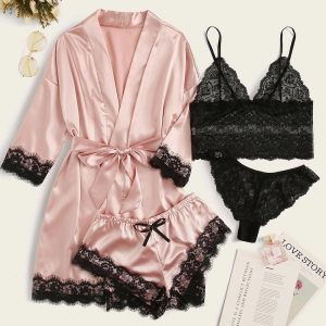 4-piece satin lace pajama set with robe, camisole, shorts, and panties in multiple colors
