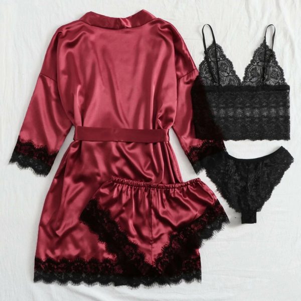 4-Piece Satin Lace Pajama Set – Robe, Camisole, Shorts & Panties - Image 6