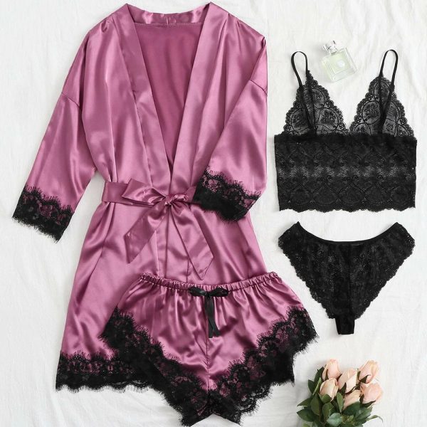 4-Piece Satin Lace Pajama Set – Robe, Camisole, Shorts & Panties - Image 5