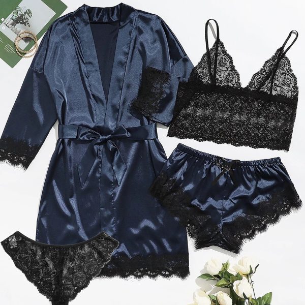 4-Piece Satin Lace Pajama Set – Robe, Camisole, Shorts & Panties - Image 4