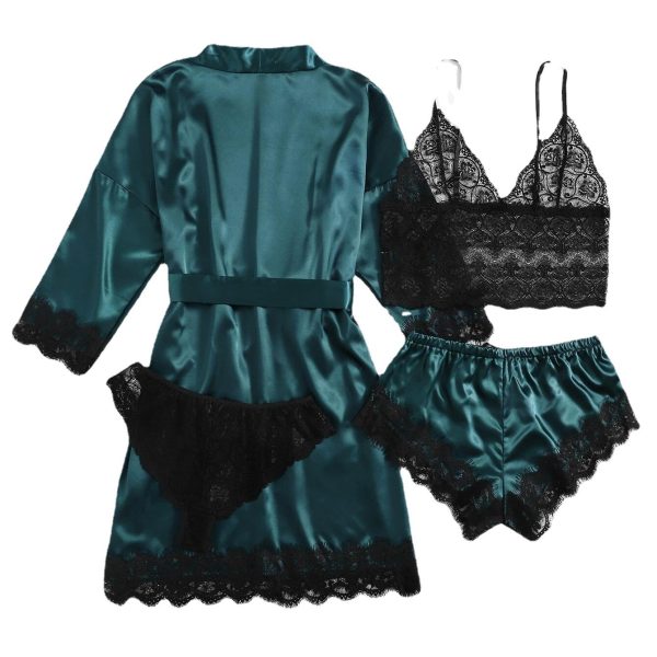 4-Piece Satin Lace Pajama Set – Robe, Camisole, Shorts & Panties - Image 3