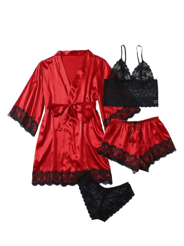 4-Piece Satin Lace Pajama Set – Robe, Camisole, Shorts & Panties - Image 2