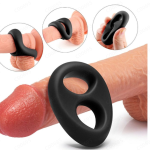 Double-ring “pig nose” silicone cock ring, black, enhances stamina and delay, penis and testicle support