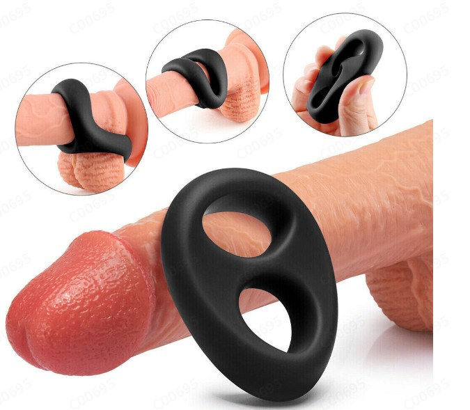Double-ring “pig nose” silicone cock ring, black, enhances stamina and delay, penis and testicle support