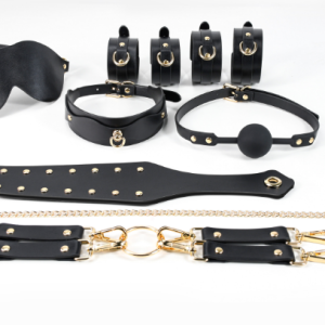 Luxury BDSM Bondage Kit Black PU Leather 8-Piece Set with Collar, Cuffs, Blindfold, and Ball Gag