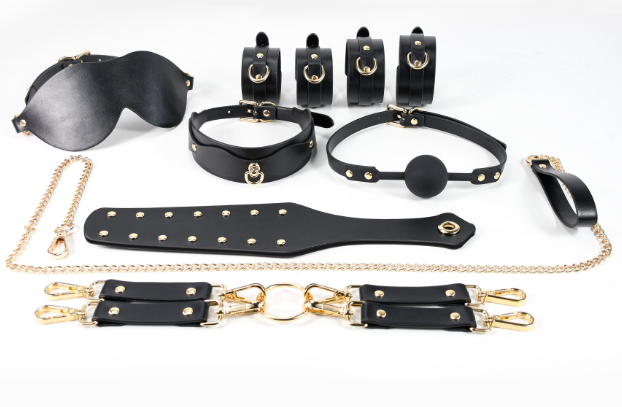 Luxury BDSM Bondage Kit Black PU Leather 8-Piece Set with Collar, Cuffs, Blindfold, and Ball Gag