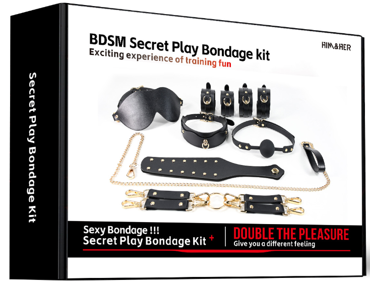 Luxury BDSM Bondage Kit Black PU Leather 8-Piece Set with Collar, Cuffs, Blindfold, and Ball Gag
