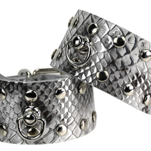 Silver Snakeskin Bondage Cuffs Adjustable PU Leather Restraints with Metal Studs and O-Rings