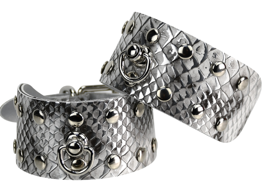 Silver Snakeskin Bondage Cuffs Adjustable PU Leather Restraints with Metal Studs and O-Rings