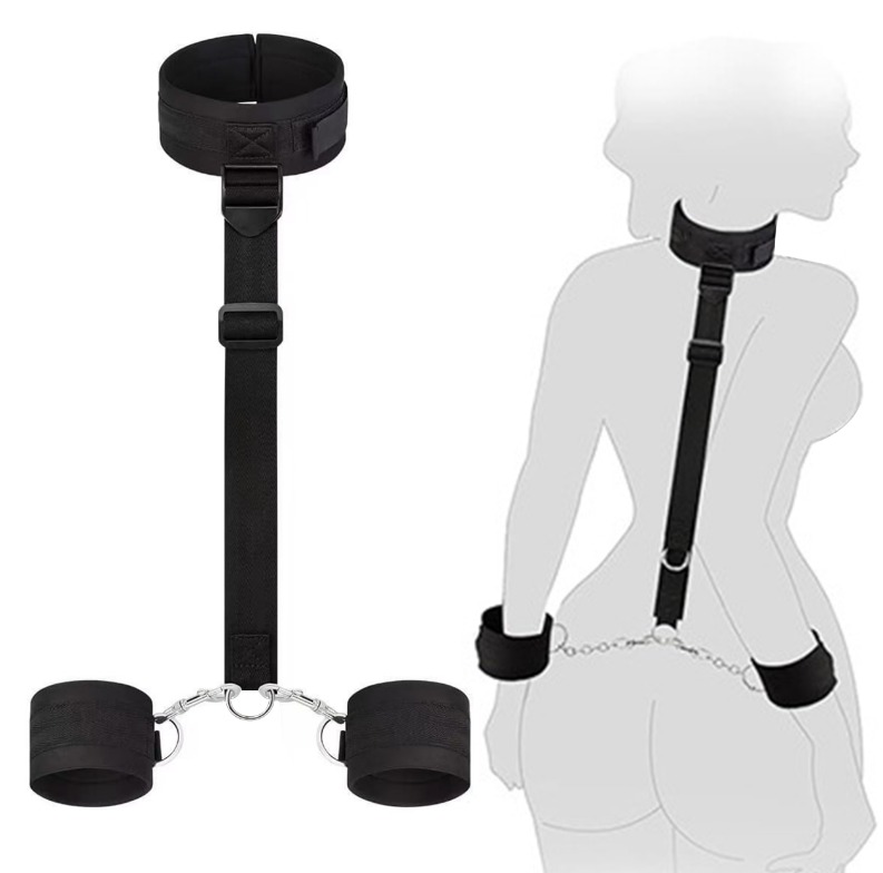 Soft Bondage Collar with Wrist Cuffs Adjustable Black Neck and Hand Restraint Set