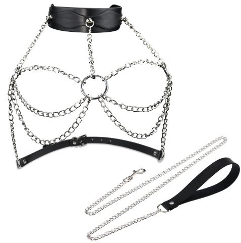 PU Leather Collar with Chest Harness and Leash – Black BDSM Restraint Set
