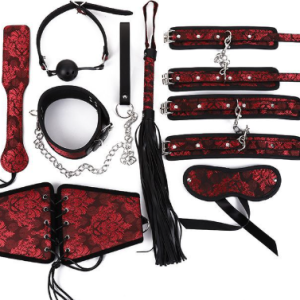 BDSM Kit, Lace Bondage Set, Black Red BDSM Gear, PU Leather Restraints, Lace Design BDSM, Collar and Cuffs, Ball Gag, Fetish Toys, Adult Toys, BDSM Accessories