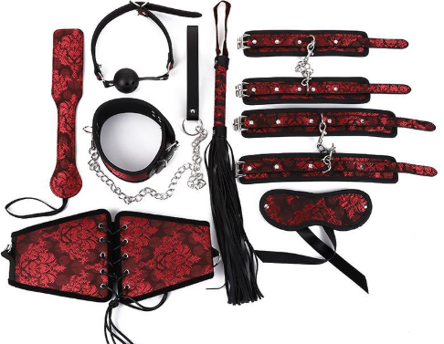 BDSM Kit, Lace Bondage Set, Black Red BDSM Gear, PU Leather Restraints, Lace Design BDSM, Collar and Cuffs, Ball Gag, Fetish Toys, Adult Toys, BDSM Accessories