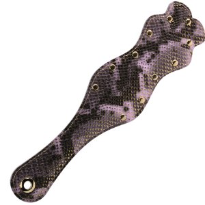 Snakeskin texture BDSM spanking paddle in PU leather, available in pink, green, and silver.