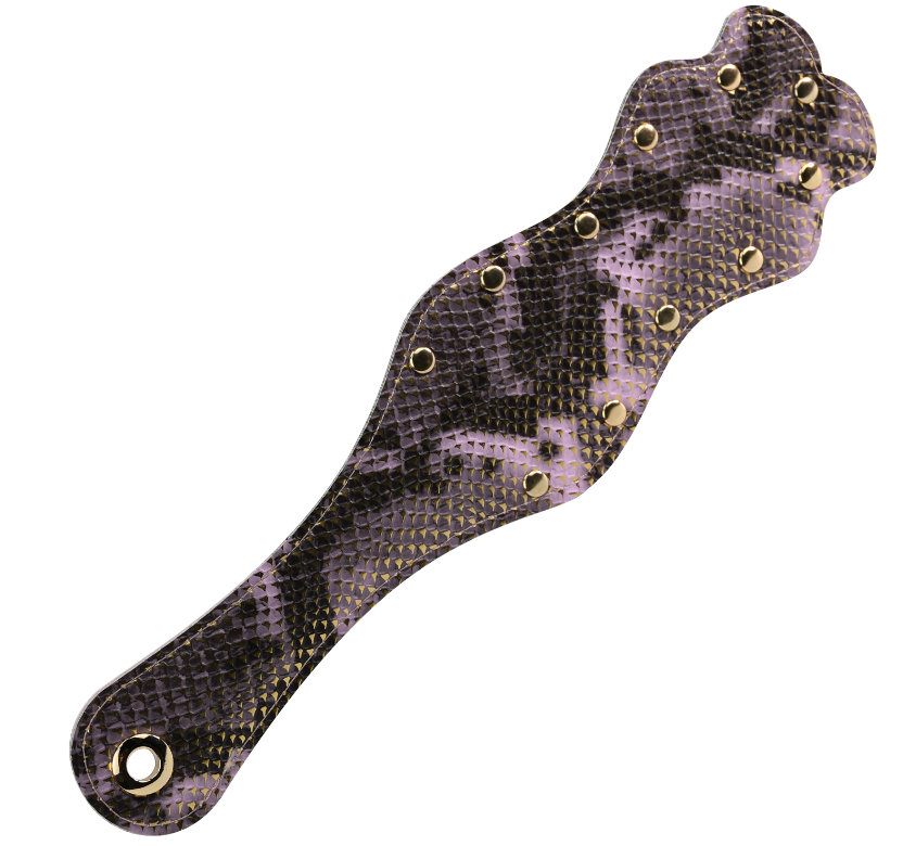 Snakeskin texture BDSM spanking paddle in PU leather, available in pink, green, and silver.