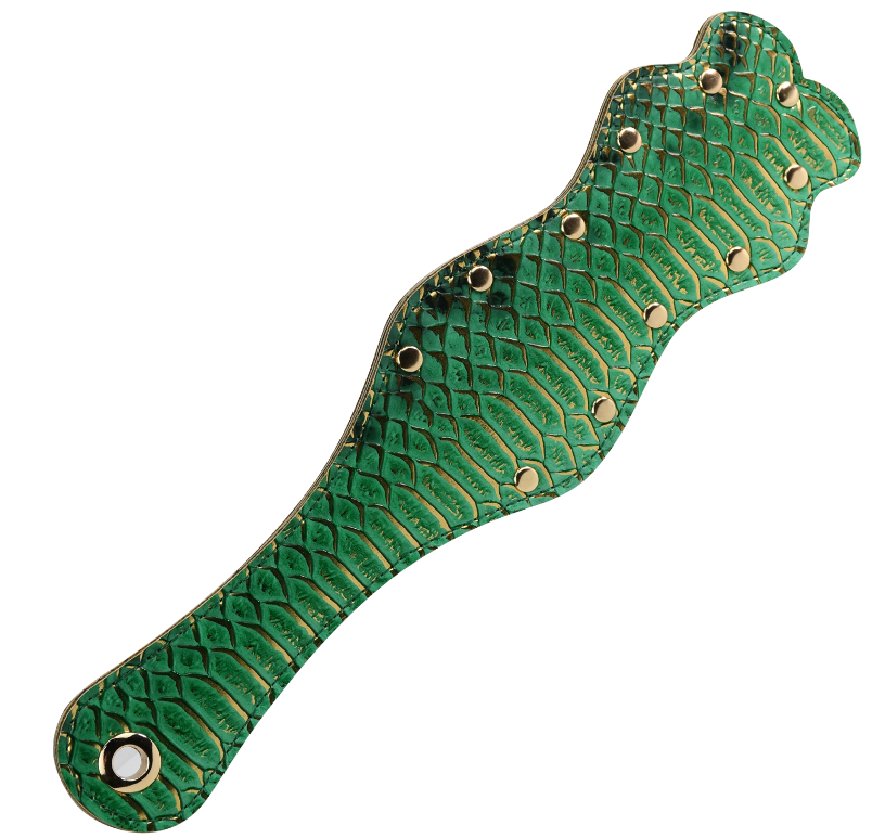 Snakeskin texture BDSM spanking paddle in PU leather, available in pink, green, and silver.