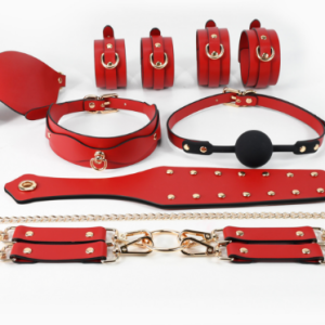 Luxury BDSM Bondage Kit Red PU Leather 8-Piece Set with Collar, Cuffs, Blindfold, and Ball Gag