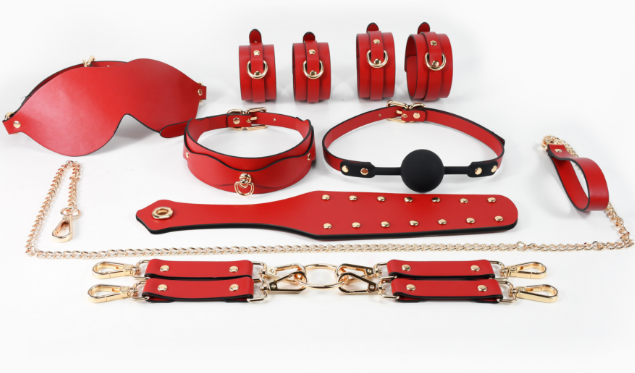 Luxury BDSM Bondage Kit Red PU Leather 8-Piece Set with Collar, Cuffs, Blindfold, and Ball Gag
