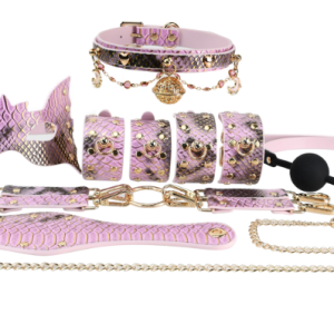 Pink Snakeskin BDSM Bondage Kit 7-Piece Set with Collar, Cuffs, Blindfold, Rope, and Ball Gag