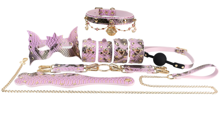 Pink Snakeskin BDSM Bondage Kit 7-Piece Set with Collar, Cuffs, Blindfold, Rope, and Ball Gag