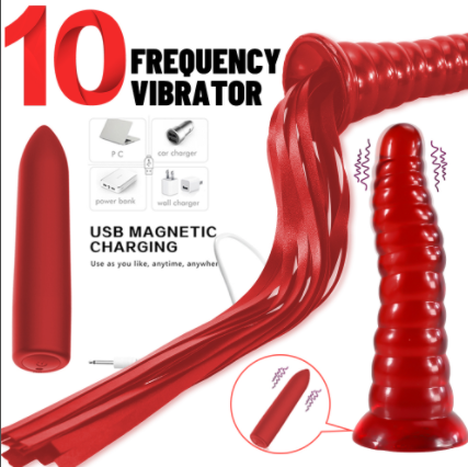 BDSM Whip Dildo with 10 Vibration Modes – Black and Red Silicone SM Toy - Image 3