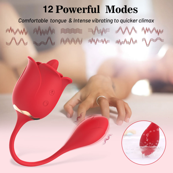 Rose Vibrator with Tongue Licking & Egg Bullet – 10 Licking Modes + 12 Vibration Modes, USB Rechargeable, IPX5 Waterproof Silicone - Image 2