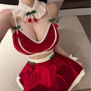 Women’s sexy Christmas lingerie costume set with Santa Claus design, including top, skirt, belt, headband and wristbands